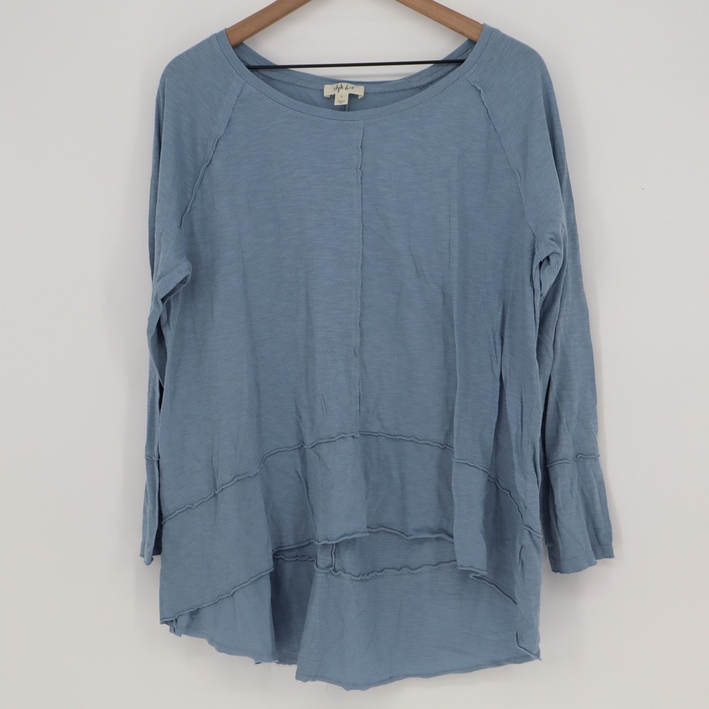 Style & Co Top Womens L Tunic Blue Raw Edge Seam High Low Excellent